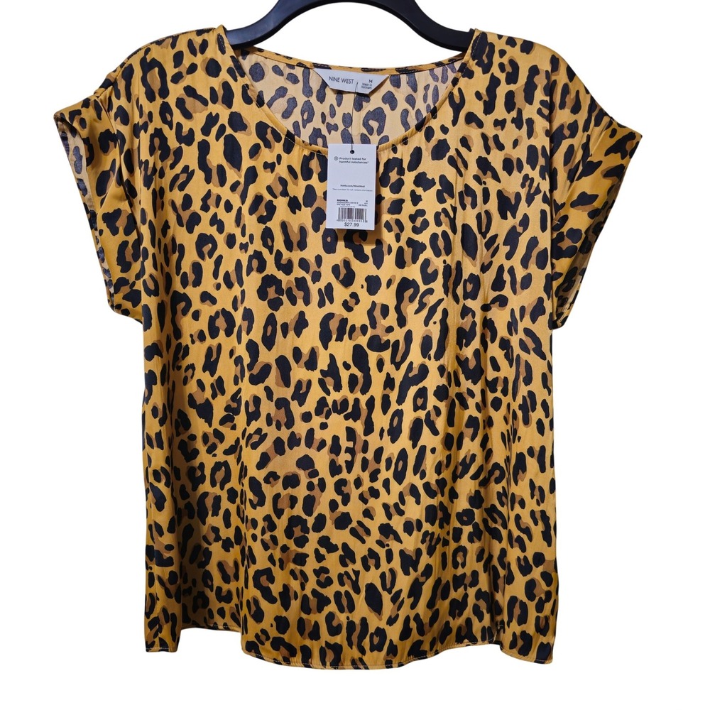 Nine West Leopard Print Silky Tee Short Sleeve Scoop Neck Tan Black Size M NWT